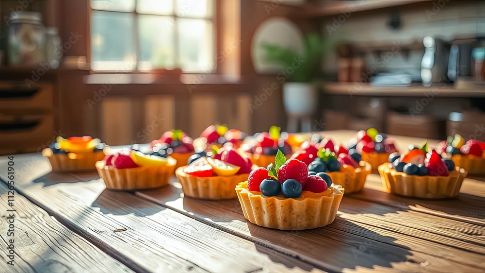 Delicious mini fruit tarts arranged on a rustic wooden table bathed in sunlight Delicious mini fruit tarts arranged on a rustic wooden table bathed in sunlight