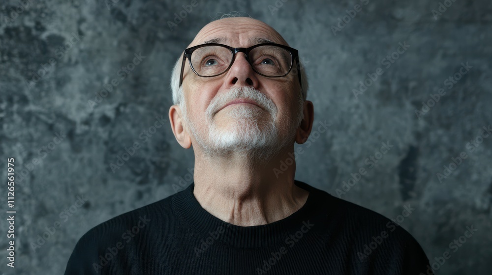 Lost In Thoughts. Headshot of senior man in eyewear dreaming about something, looking up isolated over gray studio wall Lost In Thoughts. Headshot of senior man in eyewear dreaming about something, looking up isolated over gray studio wall