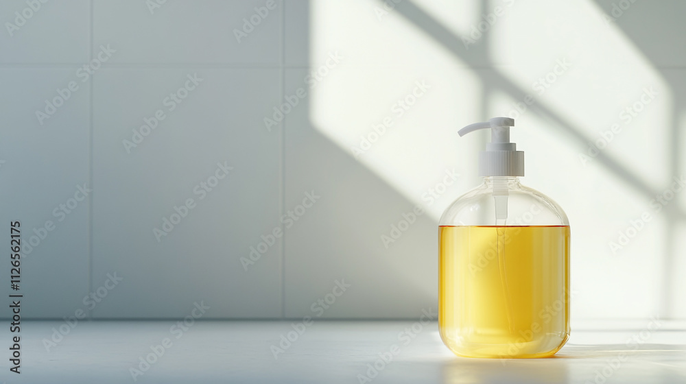 Clear liquid soap dispenser on a countertop with soft natural light filtering through Clear liquid soap dispenser on a countertop with soft natural light filtering through