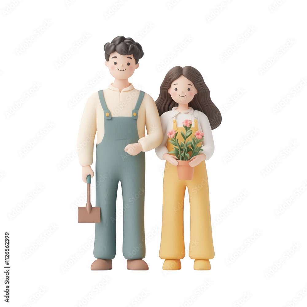 Fototapeta premium A young couple standing together, holding plants and displaying joy and harmony., isolated on a transparent background.