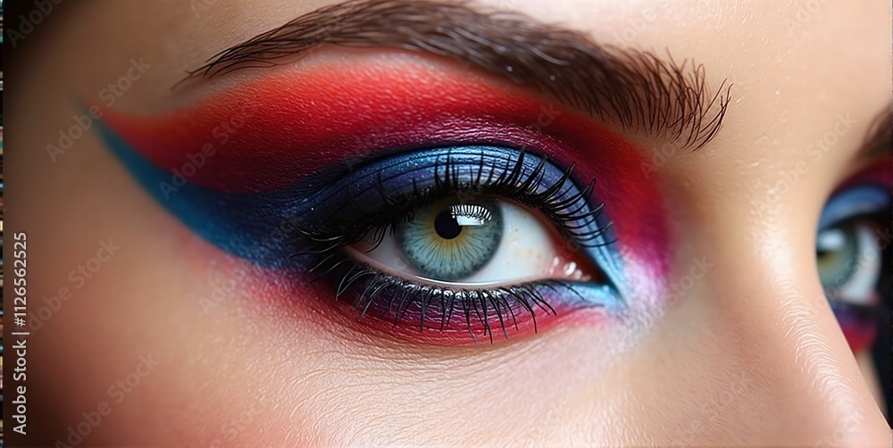 Fototapeta premium Close-up of a beautiful woman's eyes, adorned with vibrant makeup that enhances her captivating gaze