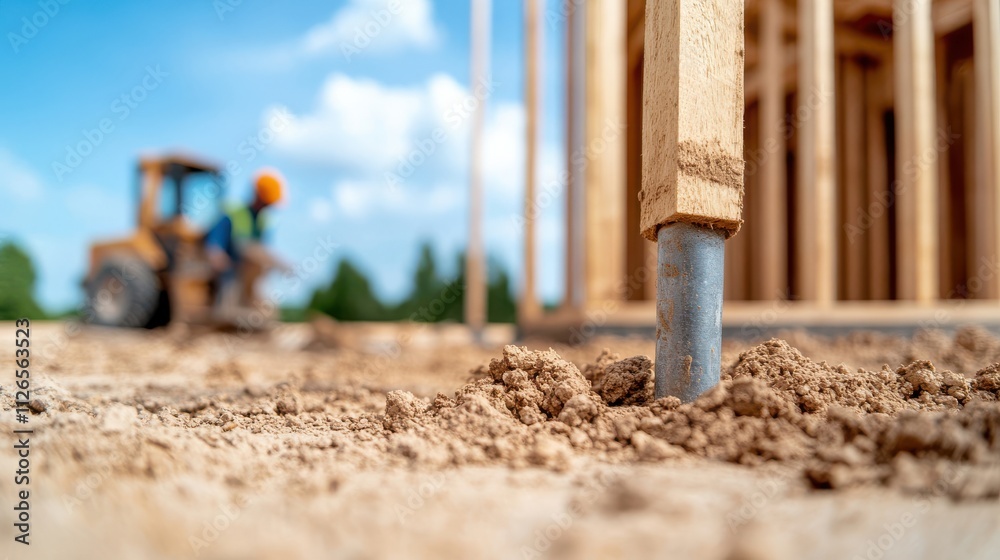 Obraz premium Construction Site with Wooden Post and Worker in Background