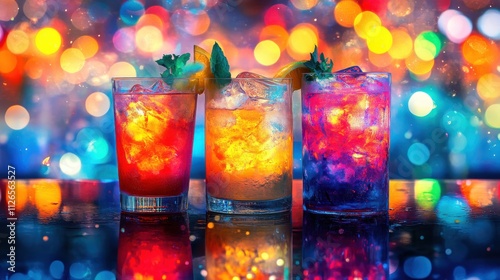 Bartender serving colorful cocktails with holiday decorations, ready for New Year s focus on, vibrant theme, whimsical, double exposure, bar counter backdrop photo