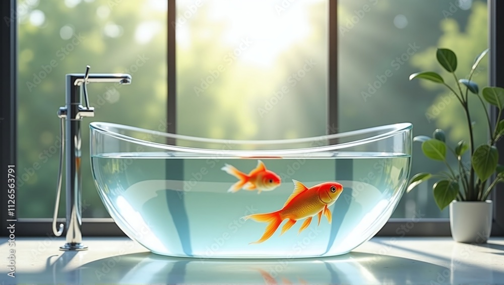 A goldfish glides in a transparent modern bathtub, embodying luxury and relaxation in a chic bathroom A goldfish glides in a transparent modern bathtub, embodying luxury and relaxation in a chic bathroom