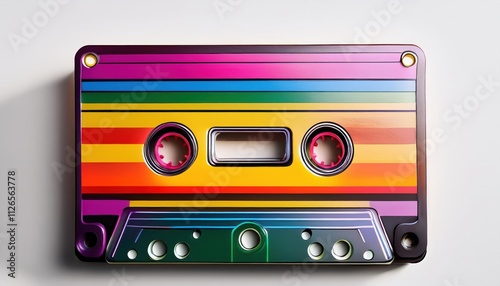 A colorful audio cassette featuring rainbow stripes on a white background