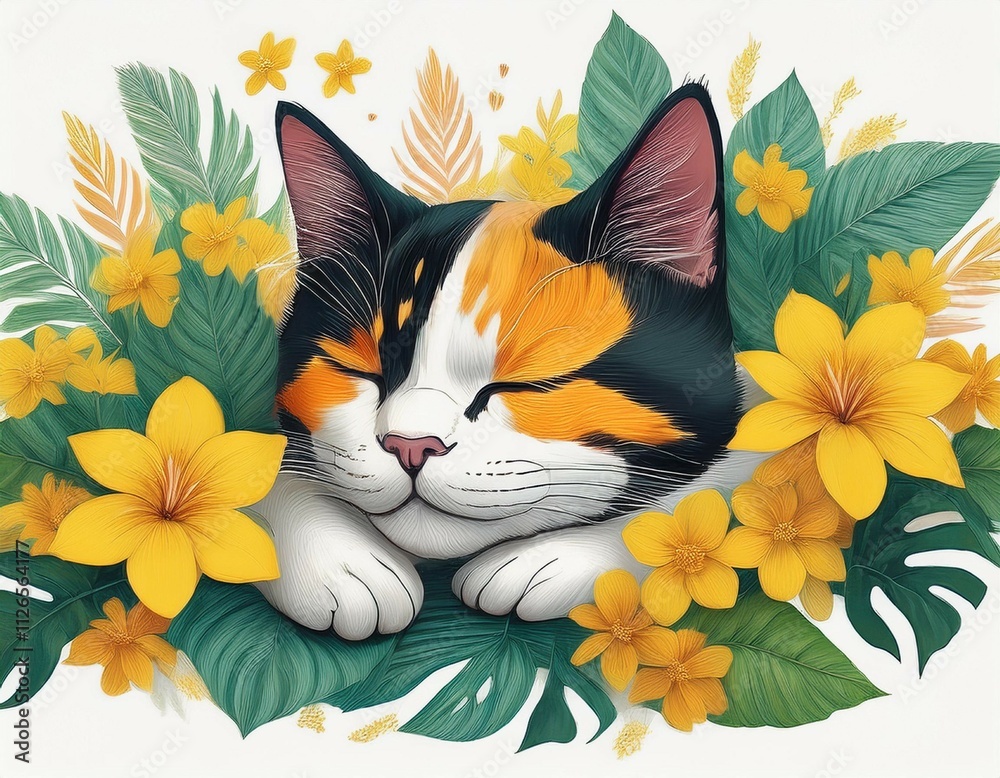 illustration of a sleeping calico cat surrounded by yellow flowers and green tropical leaves on a white background perfect for decor gift cards and cute animal art illustration of a sleeping calico cat surrounded by yellow flowers and green tropical leaves on a white background perfect for decor gift cards and cute animal art