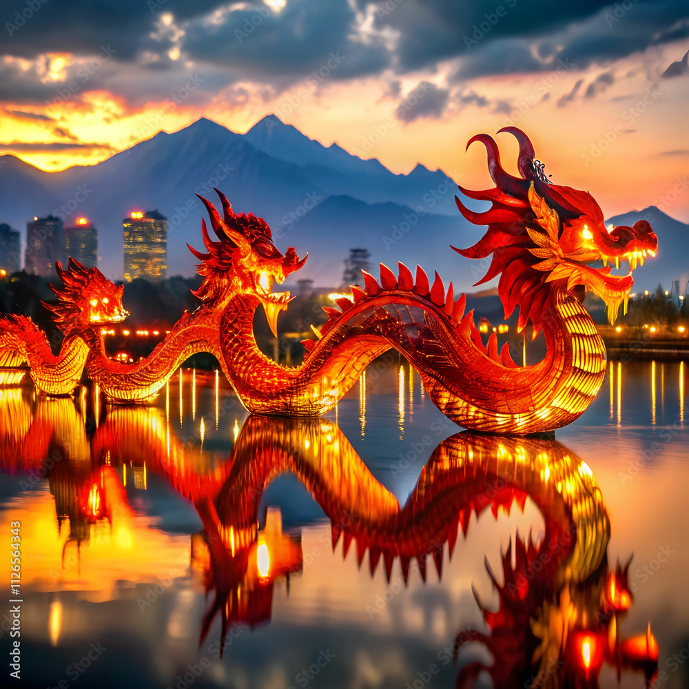 Obraz premium A majestic dragon winding through a serene lotus pond and river