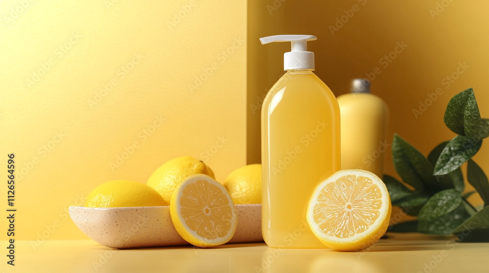 Yellow lemon hand soap with fresh lemons on a vibrant yellow background Yellow lemon hand soap with fresh lemons on a vibrant yellow background