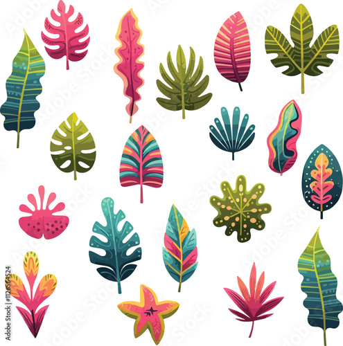 Cartoon tropical plants vector illustration set for design. Different types of exotic leaves funky groovy decorative elements kit. Collection of botanical shapes forms sticker bundle 
