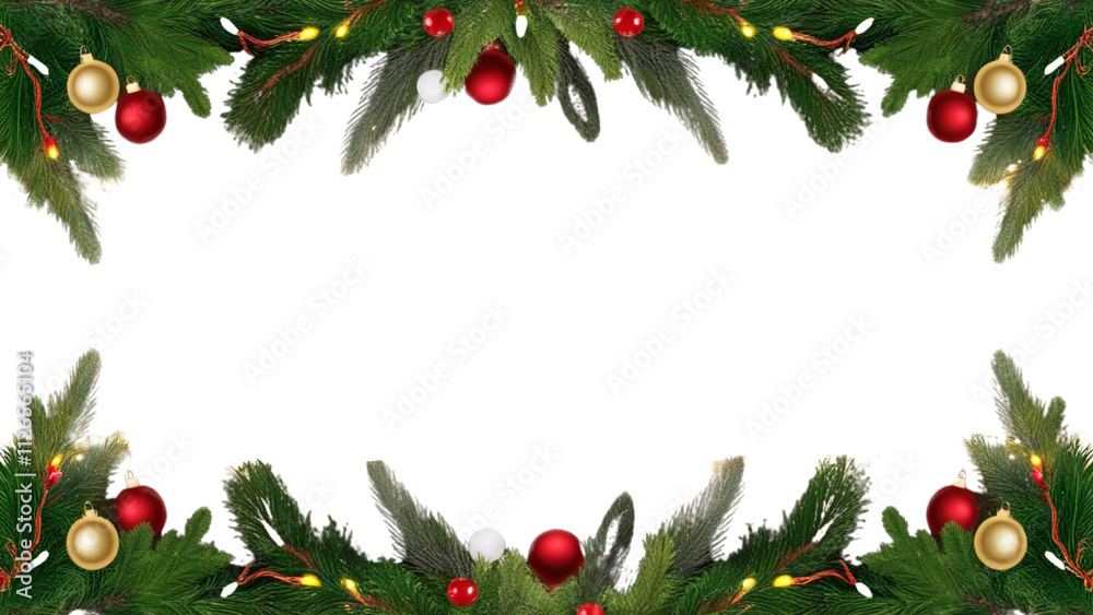 Christmas decoration backgrounds frame plant. New Year and Christmas border design isolated on a white background, fir tree branches ribbon bows golden and red decorative baubles, and pine cones. Christmas decoration backgrounds frame plant. New Year and Christmas border design isolated on a white background, fir tree branches ribbon bows golden and red decorative baubles, and pine cones.