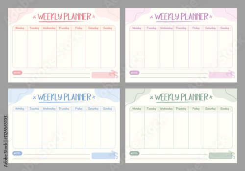 Set of pastel Digital weekly planner template, cute and adorable for tablet planner, horizontal, a4 size. Simple, lovely, girlie, coquette vibe with pink line and box. Doodle schedule note journaling