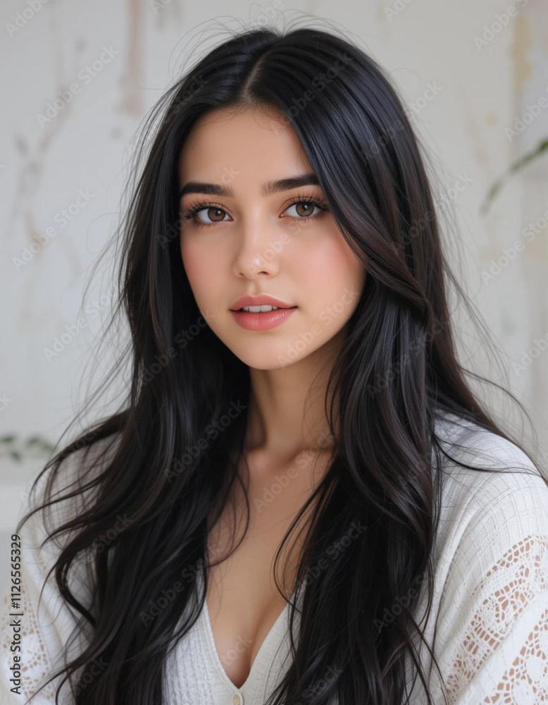 Portrait of an elegant young woman with long, dark hair and subtle, natural make-up. The background is subtle and structured, emphasizing the harmony and beauty of the subject Portrait of an elegant young woman with long, dark hair and subtle, natural make-up. The background is subtle and structured, emphasizing the harmony and beauty of the subject