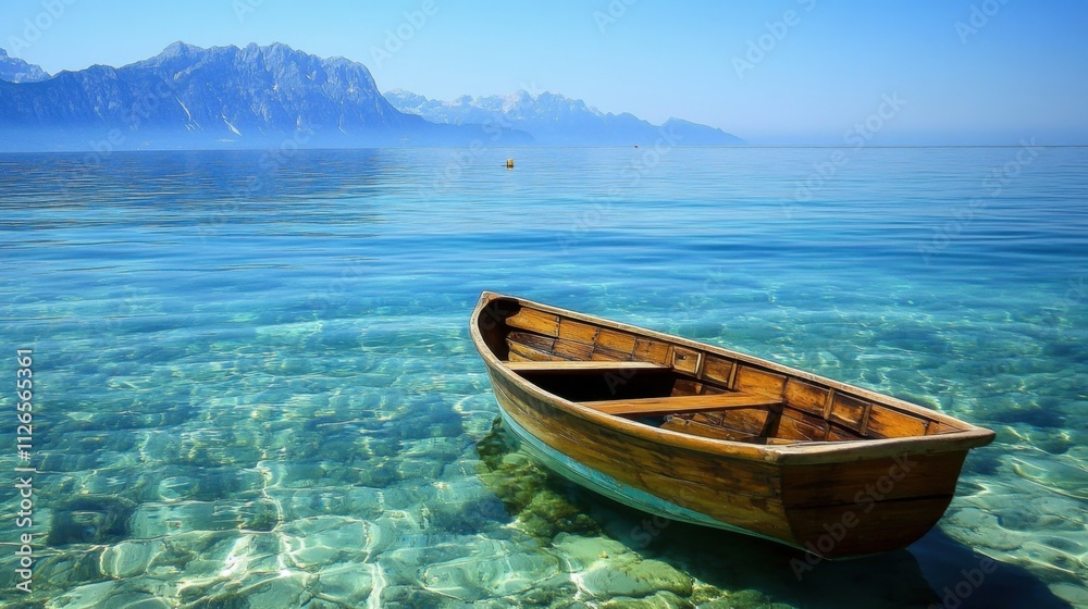 Naklejka premium A rustic wooden boat resting on clear, calm waters with mountains faintly visible in the background.