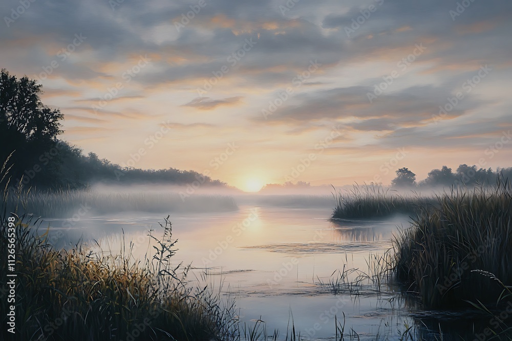 Fototapeta premium A serene landscape at sunrise over a misty river, surrounded by lush vegetation.