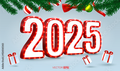 Marry Christmas 2025, happy new year, red numbers 3d, gifts and toys near the tree. Vector illustration