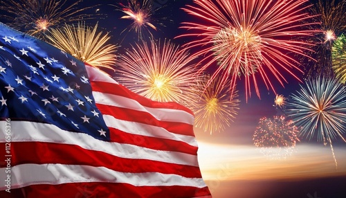 glittering american flag waving with fireworks backdrop in realistic photo patriotic scene photo