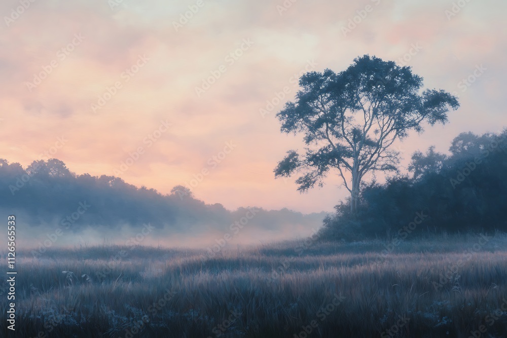 A serene landscape at dawn with mist, featuring a solitary tree against a colorful sky. A serene landscape at dawn with mist, featuring a solitary tree against a colorful sky.