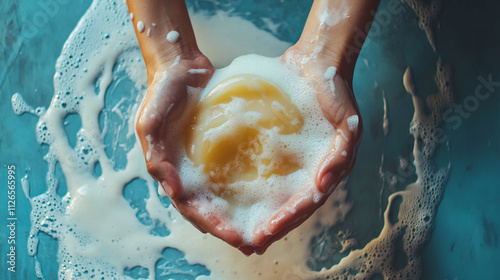 Holding a soapy orange ball in clean hands above water surface during a bright daytime