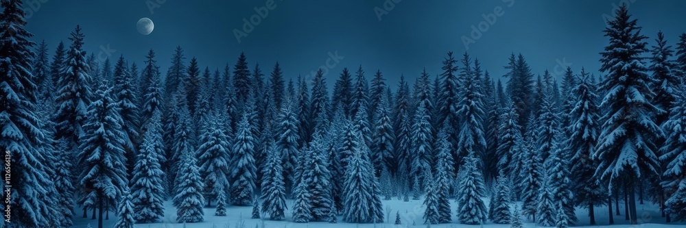 This enchanting image captures the beauty of a winter night, with a full moon illuminating a snow-covered forest. The contrast between the dark silhouettes of the trees and the bright moonlight create This enchanting image captures the beauty of a winter night, with a full moon illuminating a snow-covered forest. The contrast between the dark silhouettes of the trees and the bright moonlight create