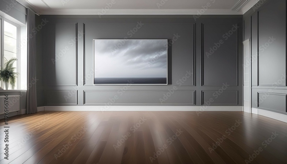 an empty grey room with hardwood flooring a white wall and a monochrome photography on the horizon the rectangle room has a clean and minimalist design