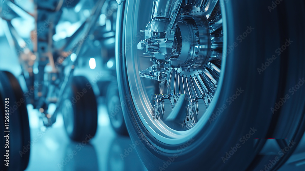 Fototapeta premium Airplane wheel compartment with mechanical components and hydraulic systems, essential for safe landing and takeoff. Precision engineering and aviation safety concepts.