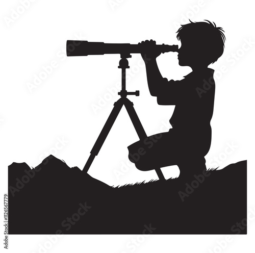 A Boy Looks Through A Telescope silhouette vector illustration