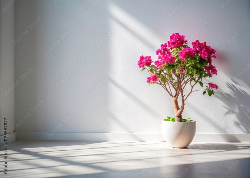 Fototapeta premium Surreal Pink Blossom Potted Plant Sunlight Minimalist Interior Shadow Photography
