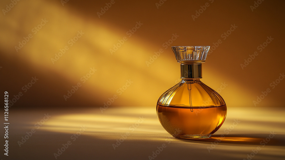 Elegant perfume bottle with warm light creating a serene atmosphere Elegant perfume bottle with warm light creating a serene atmosphere