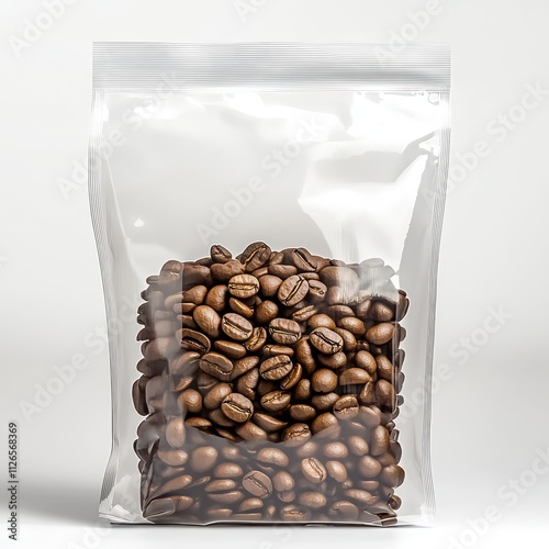 A clear bag filled with roasted coffee beans, showcasing freshness and quality.