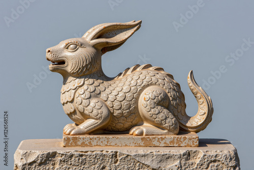 Elegant stone sculpture of a rabbit with detailed fur and serene expression on a textured base against a clear sky photo