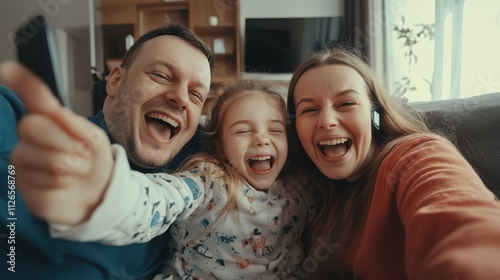 Funny selfie. Joyful family young parents preteen age child girl shoot cute self photo portrait videocalling by phone laugh grimacing making hilarious faces having fun on couch at living room together photo