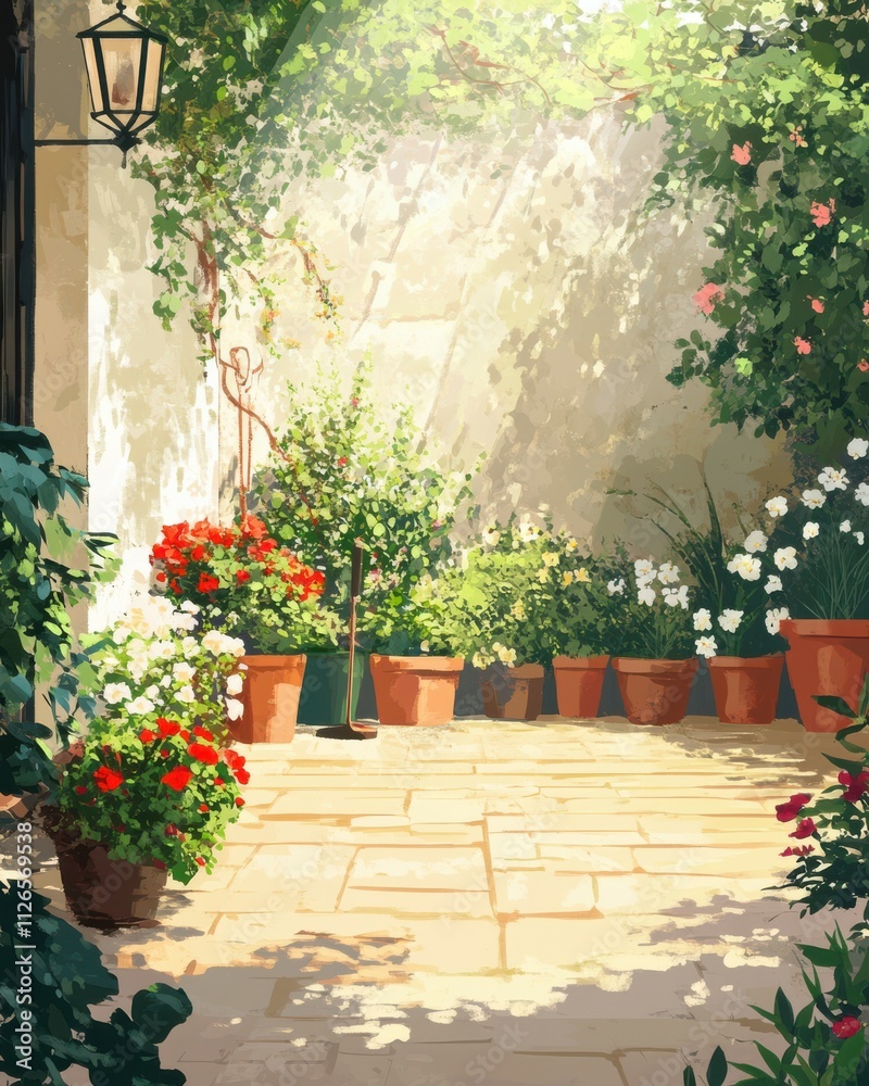 Fototapeta premium Garden flowers, plants and tools on a sunny background. Gardening concept