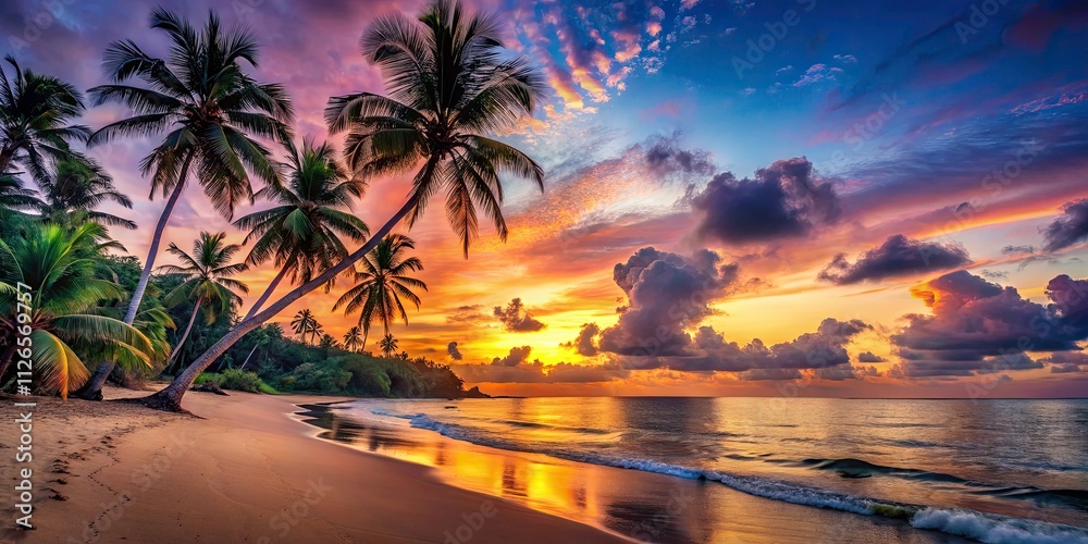 Tropical Dusk Beach: Silhouetted Palms, Sunset Paradise, Ocean View Tropical Dusk Beach: Silhouetted Palms, Sunset Paradise, Ocean View