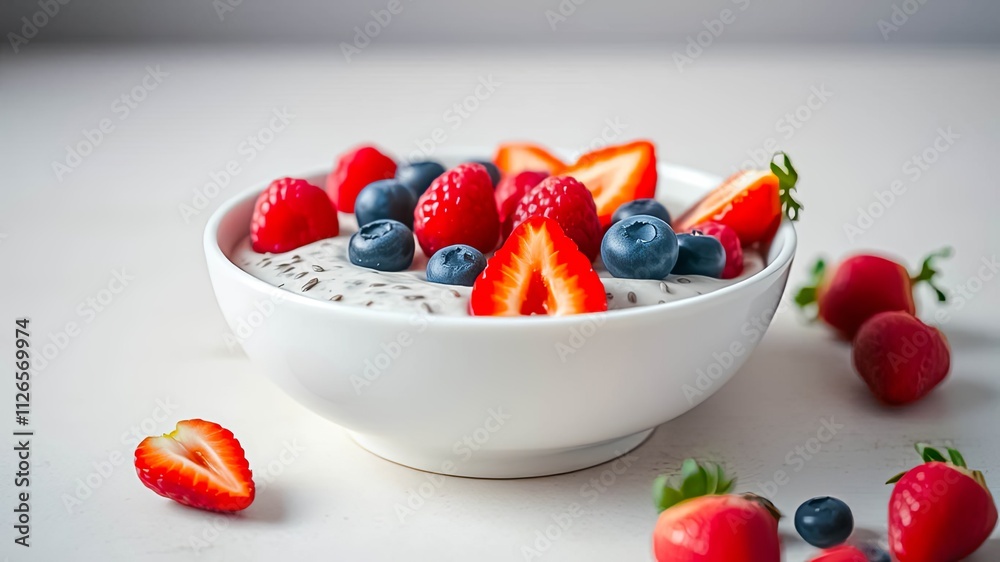 A delightful bowl of creamy yogurt topped with fresh raspberries, blueberries, and strawberries; a healthy and vibrant breakfast A delightful bowl of creamy yogurt topped with fresh raspberries, blueberries, and strawberries; a healthy and vibrant breakfast