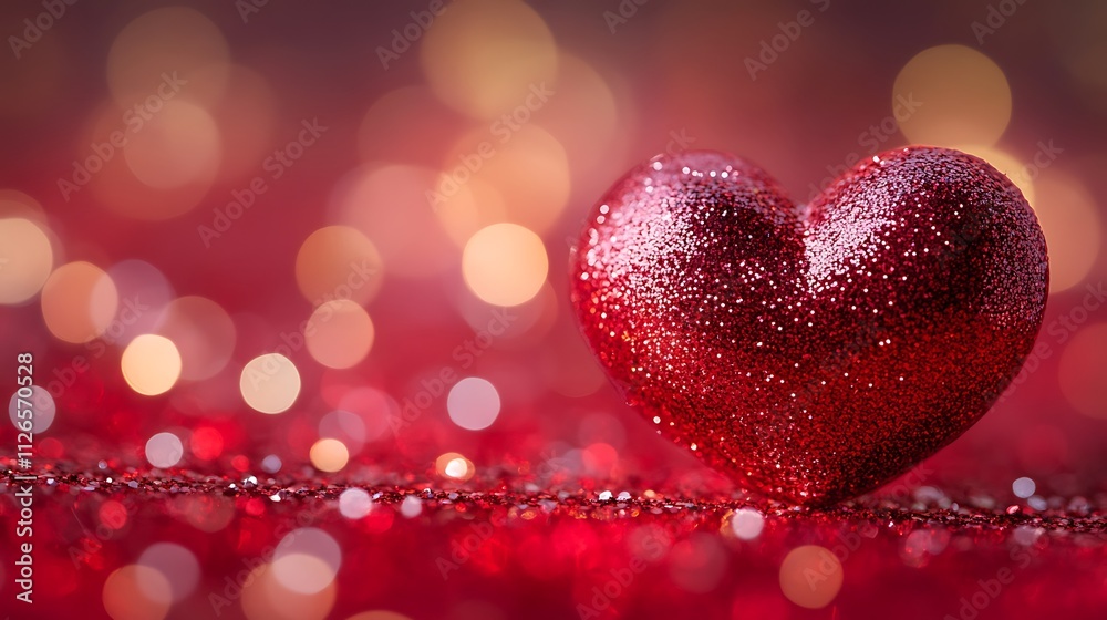 A red heart with bokeh lights, Glittering red heart with shiny background bokeh