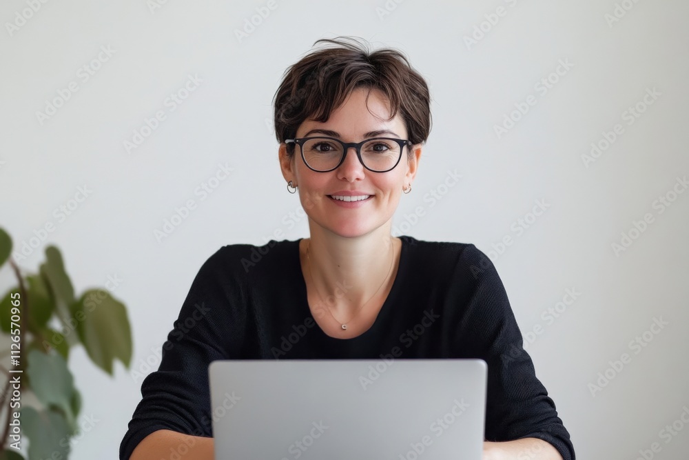 smiling woman working on laptop at home office smiling woman working on laptop at home office
