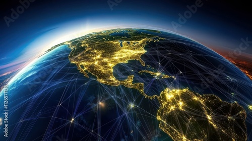 Global network on earth globe, world finance connectivity, business trading, telecommunications