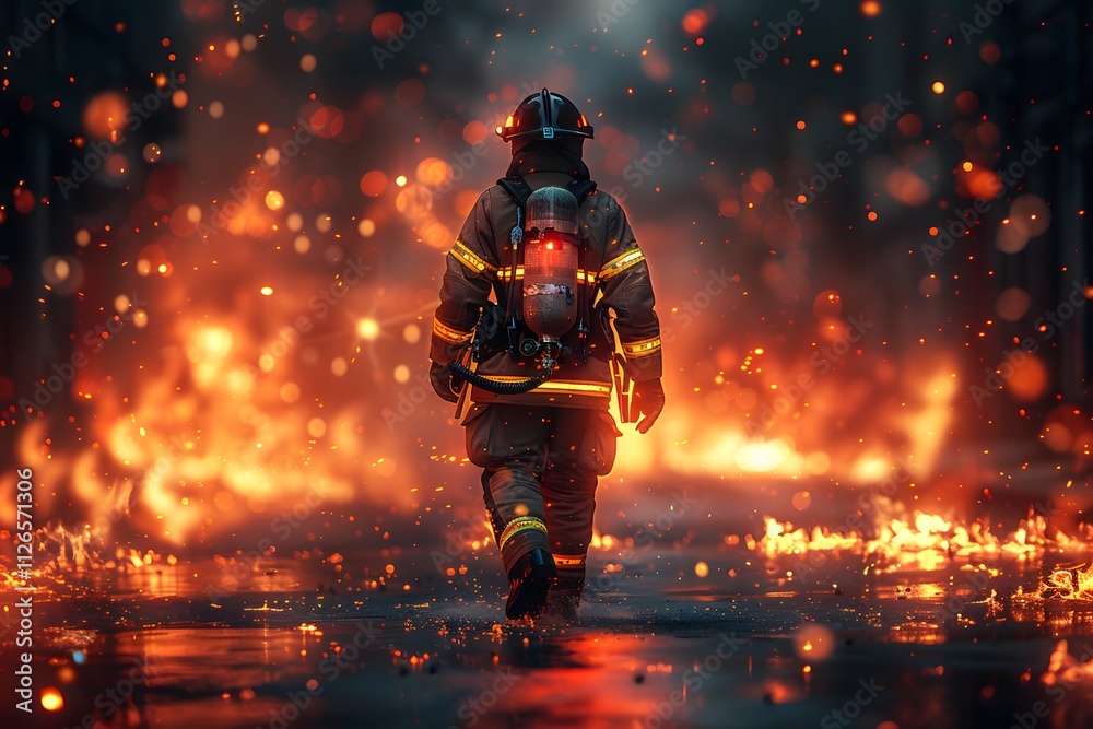 Heroic Firefighter Walking Through Flames at Night Courage and Resilience in Action Heroic Firefighter Walking Through Flames at Night Courage and Resilience in Action