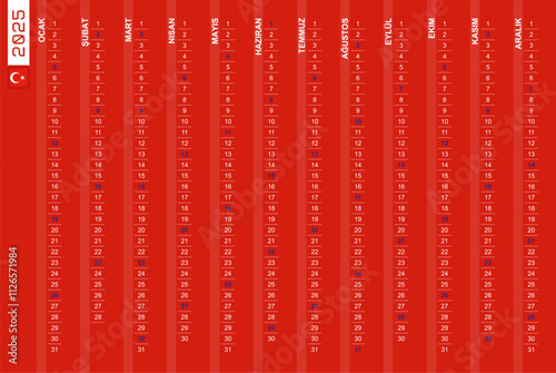 One-row vertical calendar for the year 2025 in Turkish. Turkish calendar for 2025 with highlighted Sundays. photo