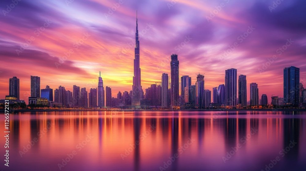 Fototapeta premium beautiful skyline at sunset with reflections in water