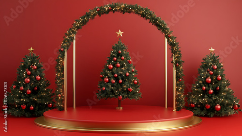 decorated christmas tree on circular podium display on red background. photo