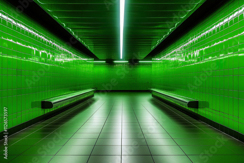 Wallpaper Mural Vivid green tunnel with sleek benches under dramatic lighting in an urban subway station setting Torontodigital.ca