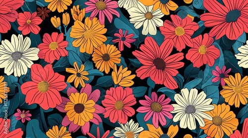 A colorful floral pattern with red, orange, pink, white, and yellow flowers on a dark background.