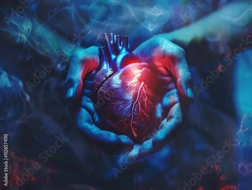 hands hold a burning heart. My heart is in your hands
gothic illustration, dark, horror, halloween
Hand clutching heart, depression due to unrequited love photo