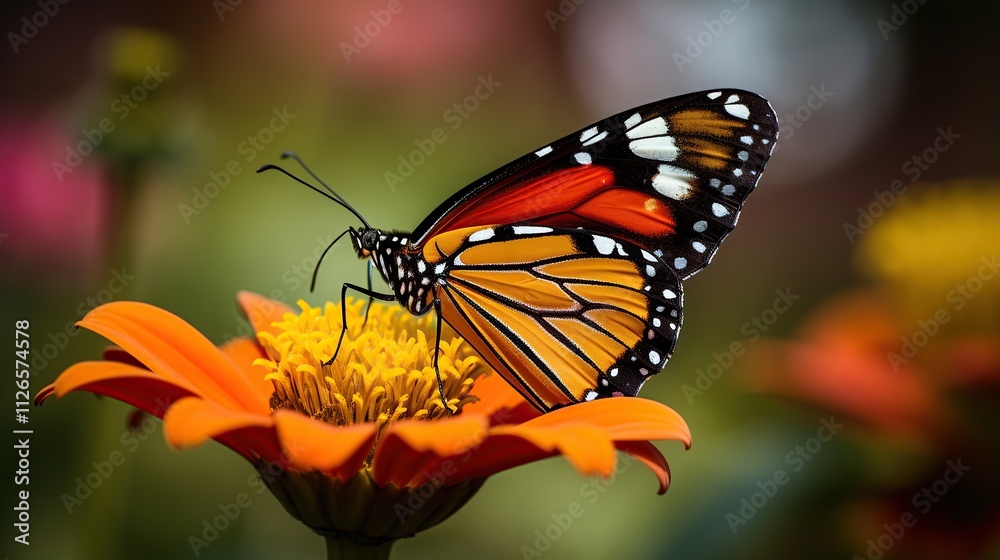 Fototapeta premium Orange Butterfly on Bright Orange Flower in Garden
