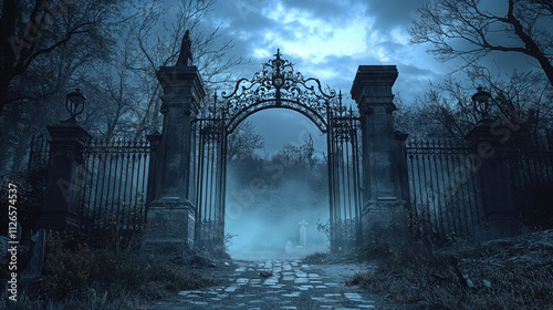 Gothic cemetery entrance with ornate iron gates in misty night setting. Spooky Victorian graveyard gates with decorative metalwork and stone pillars in ethereal blue atmosphere photo