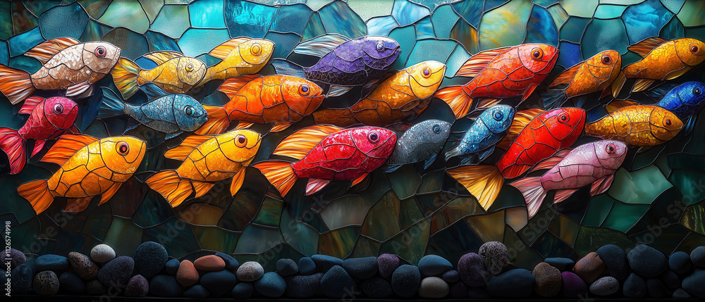 School of colorful fish on mosaic background. School of colorful fish on mosaic background.