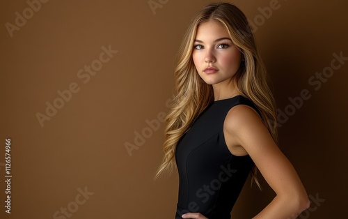 A young woman with long blonde hair, wearing a black dress standing confidently with one hand on her hip on a brown backdrop. 