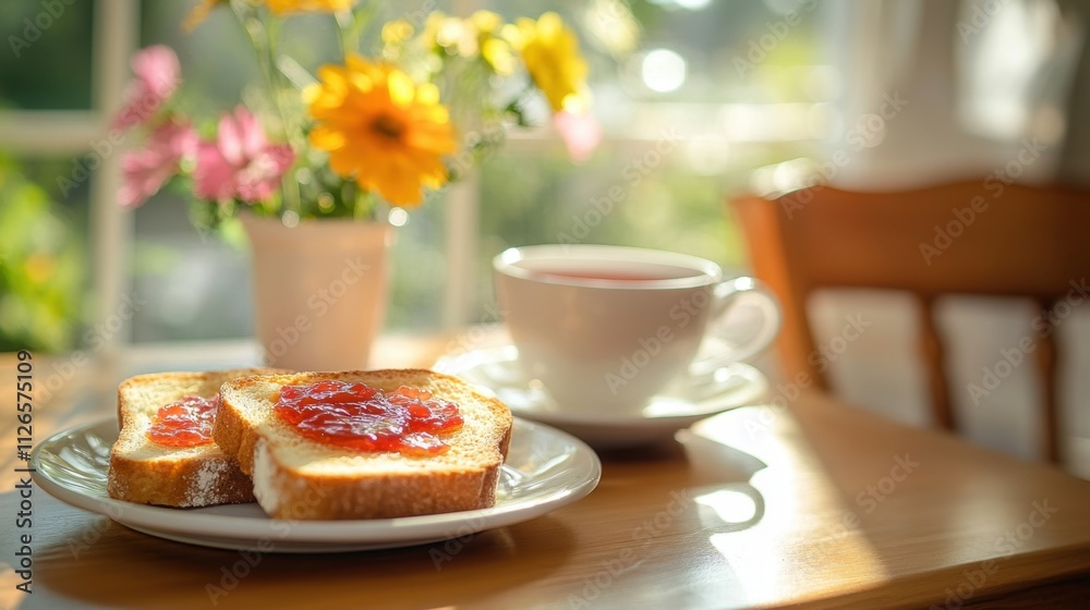 Slices of toast with fruit jam served with tea on a clean wooden table in a bright kitchen. Slices of toast with fruit jam served with tea on a clean wooden table in a bright kitchen.