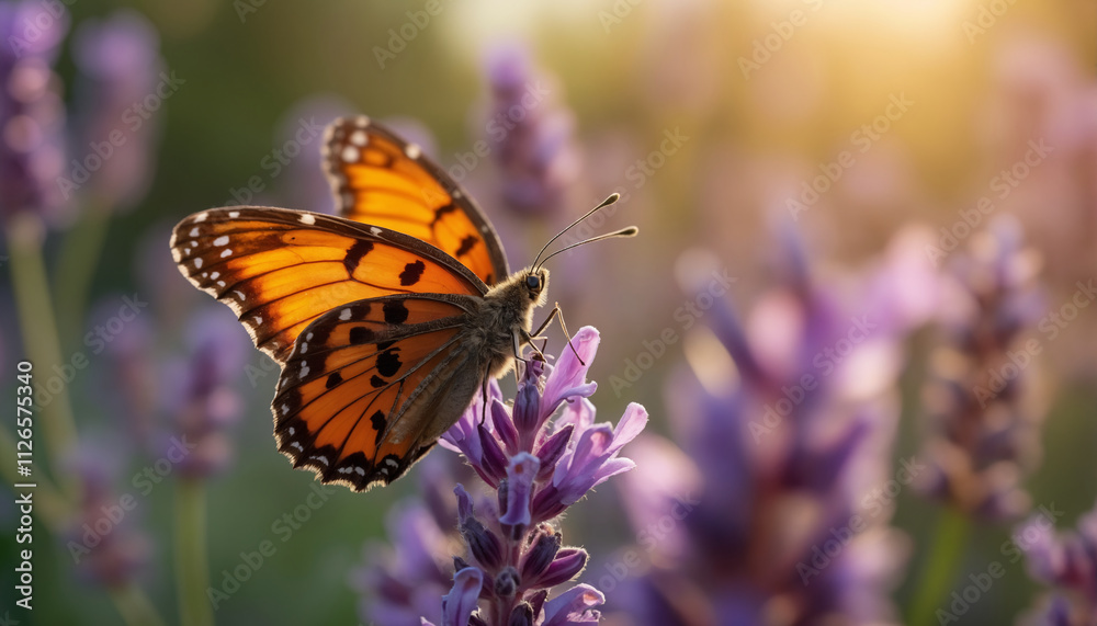 wallpapers A stunning orange butterfly perched on a lavender flower in a garden, showcasing the beauty of nature during sunset. AI generated